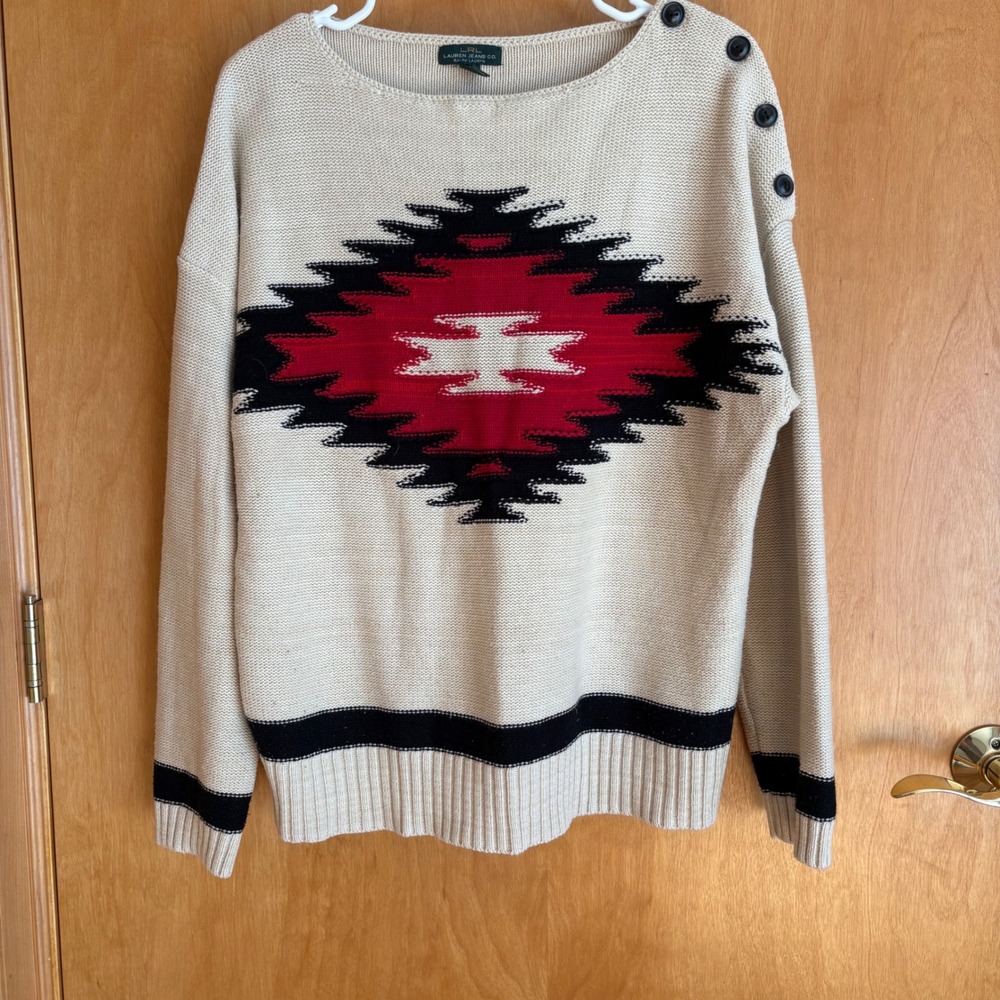 LRL Ralph Lauren Jeans Co Southwestern Geometric Knit Sweater XL Beige Red Black